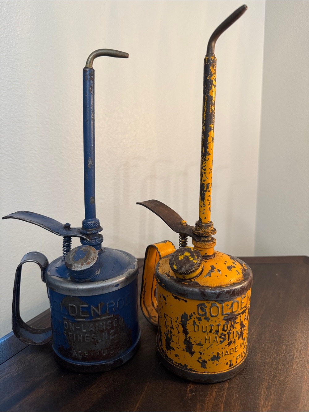 Pair of Vintage Golden Rod Oil Cans